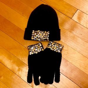 Beanie and glove set, black with gold and silver metal sequin details o/s